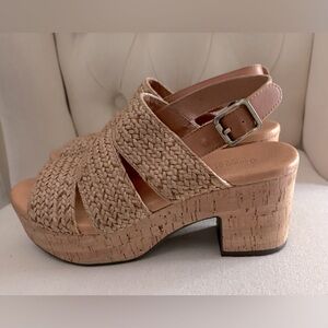Chocolat Blu Galya women’s sandals 8.5 raffia, leather cork heels